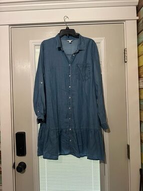 Time and Tru Blue Chambray Button-Front Long Sleeve Ruffle-Hem Dress
